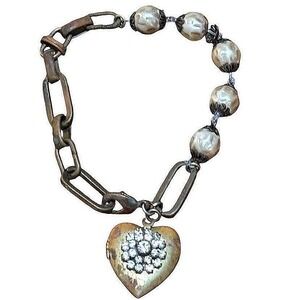 Vintage Artisan Heart Locket Bracelet Faux Pearl Chain Rhinestone Jewelry